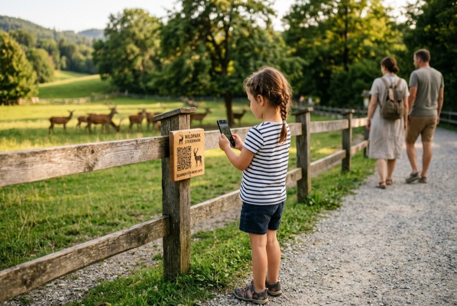 Kind scannt eine QR-Tafel am Gehege eines Wildparks